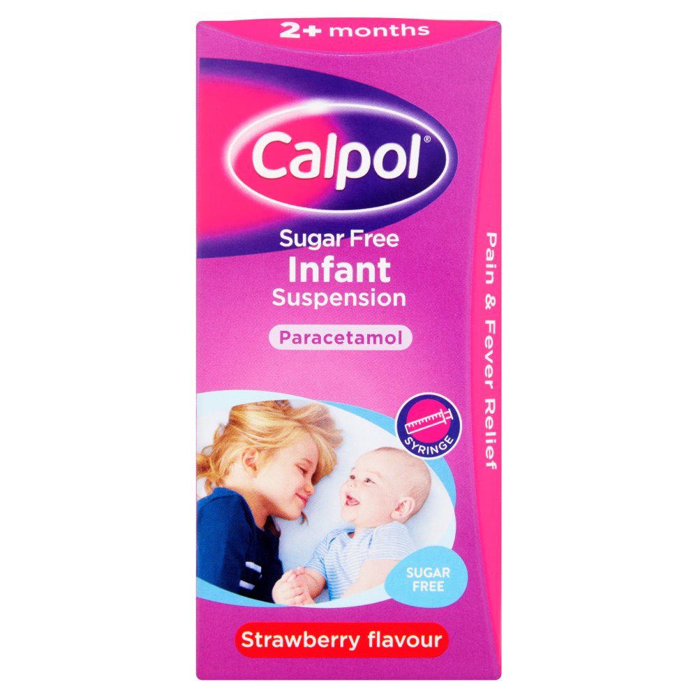 Calpol Sugar Free Infant Suspension, Paracetamol Medication, 2+ Months, Strawberry Flavour, 100ml