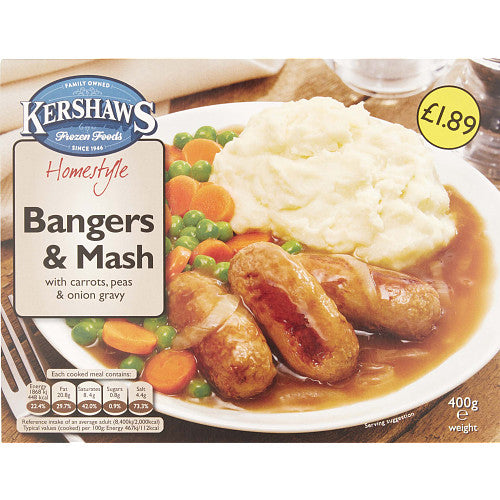 Kershaws Homestyle Bangers & Mash with Carrots, Peas & Onion Gravy 400g