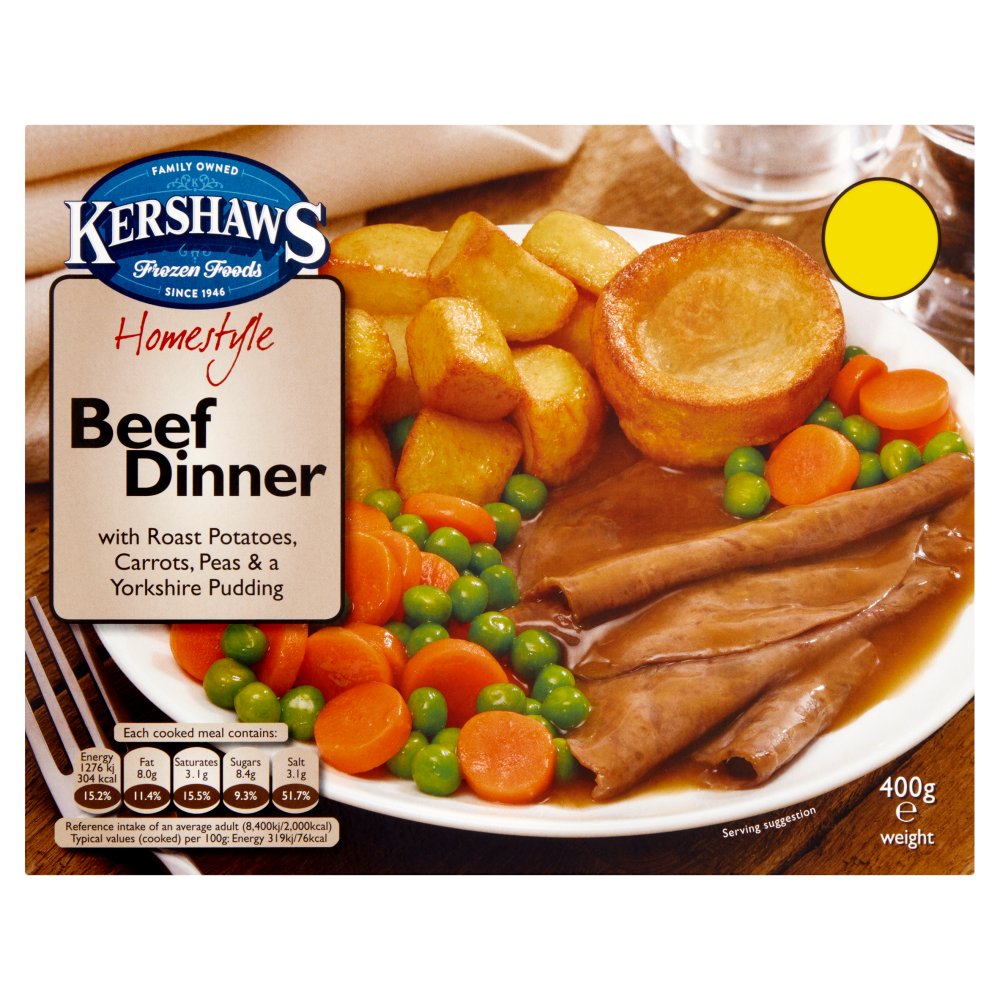 Kershaws Homestyle Beef Dinner with Roast Potatoes, Carrots, Peas & a Yorkshire Pudding 400g