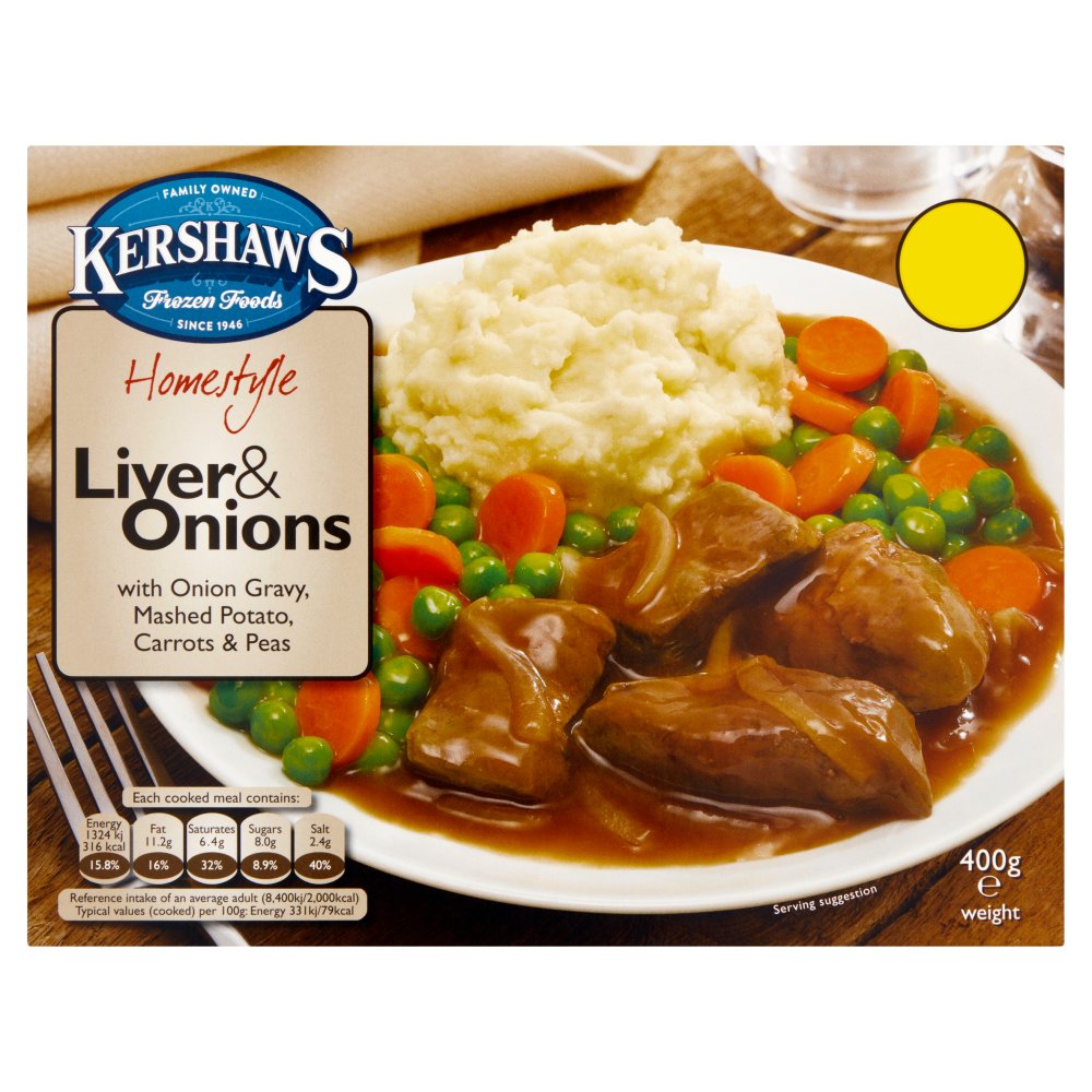 Kershaws Homestyle Liver & Onions with Onion Gravy, Mashed Potato, Carrots & Peas 400g