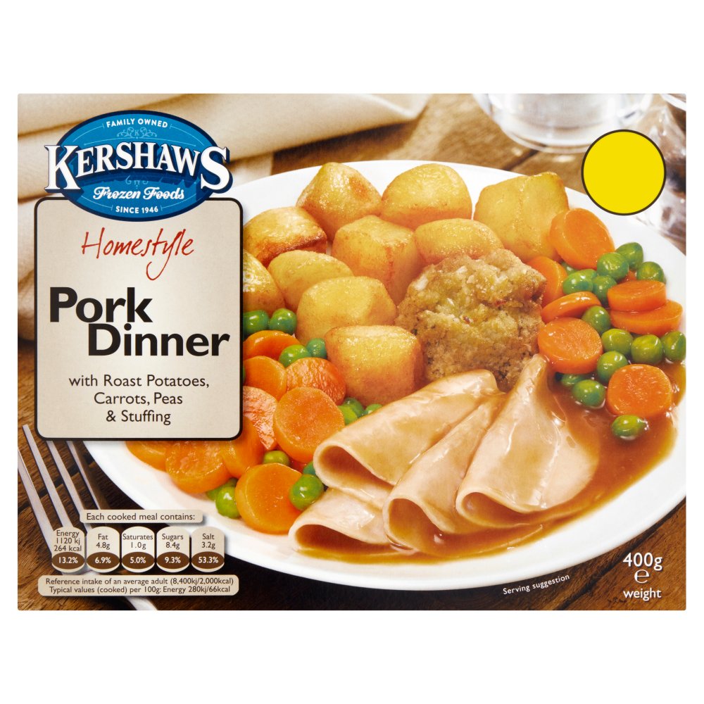 Kershaws Homestyle Pork Dinner with Roast Potatoes, Carrots, Peas & Stuffing 400g