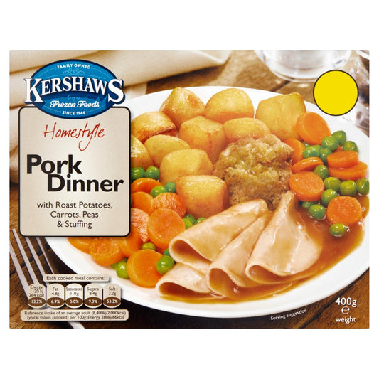 Kershaws Homestyle Pork Dinner with Roast Potatoes, Carrots, Peas & Stuffing 400g