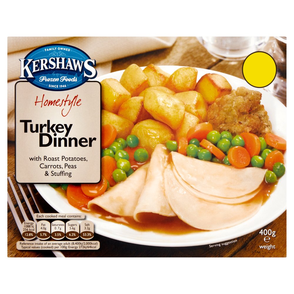 Kershaws Homestyle Turkey Dinner with Roast Potatoes, Carrots, Peas & Stuffing 400g